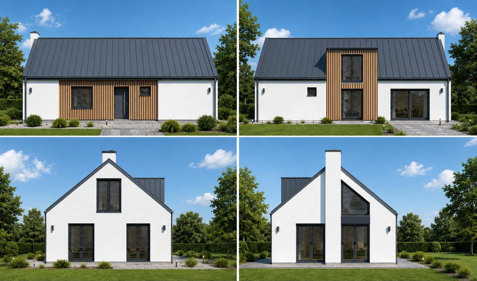 Štyri oficiálne architektonické vizualizácie bielej vily s tmavou sedlovou strechou a dreveným obkladom
